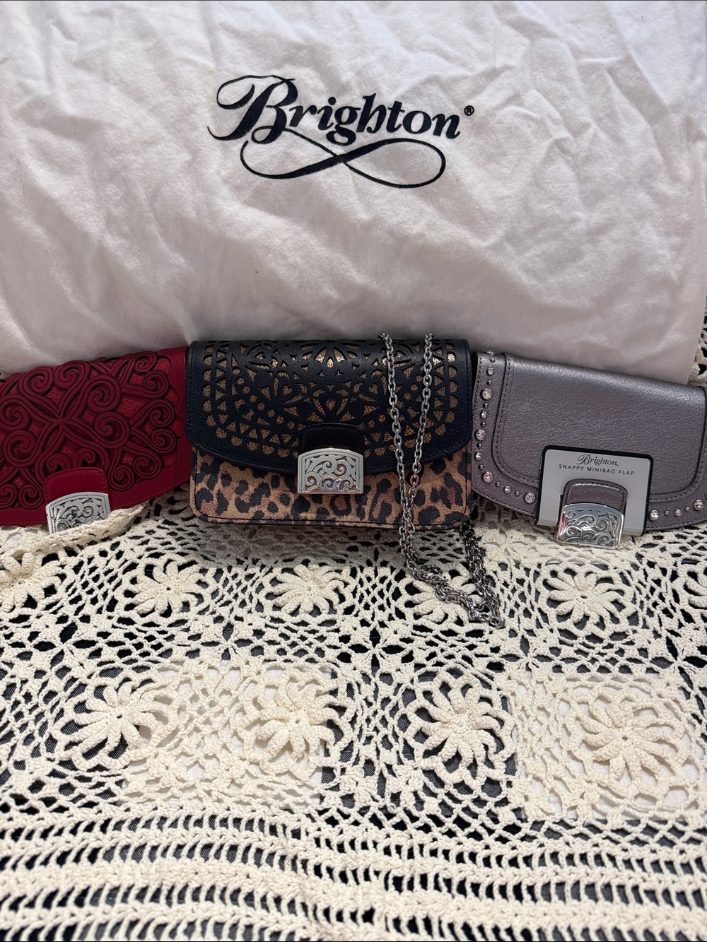 Brighton Leopard Print Mini Crossbody with Black Laser-Cut Flap and Silver Chain